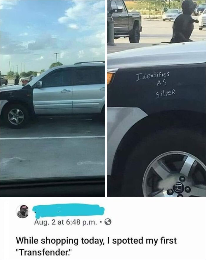Car-related meme showing a vehicle with mismatched fender colors, labeled as "Transfender" for humorous effect.