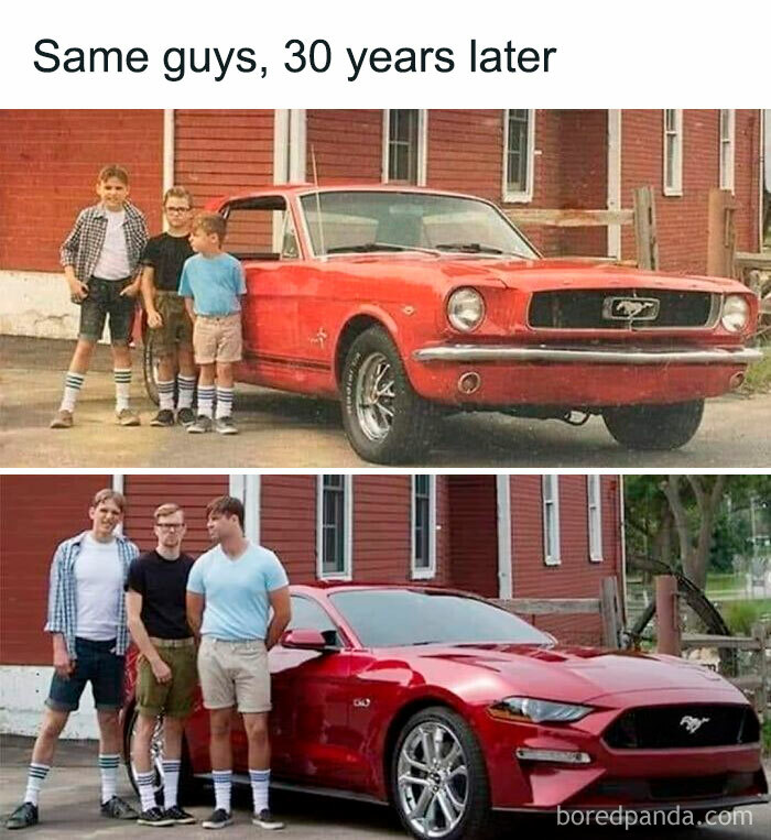 Group of friends posing by a red Mustang, 30 years apart, humorously showcasing car-related changes over time.