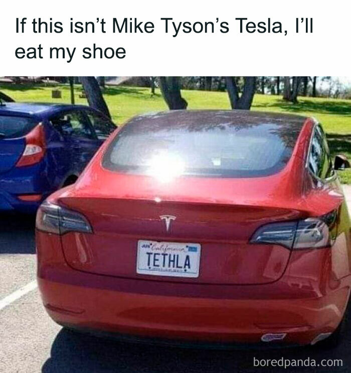 Tesla with humorous license plate "TETHLA" in a car meme for drivers' enjoyment.