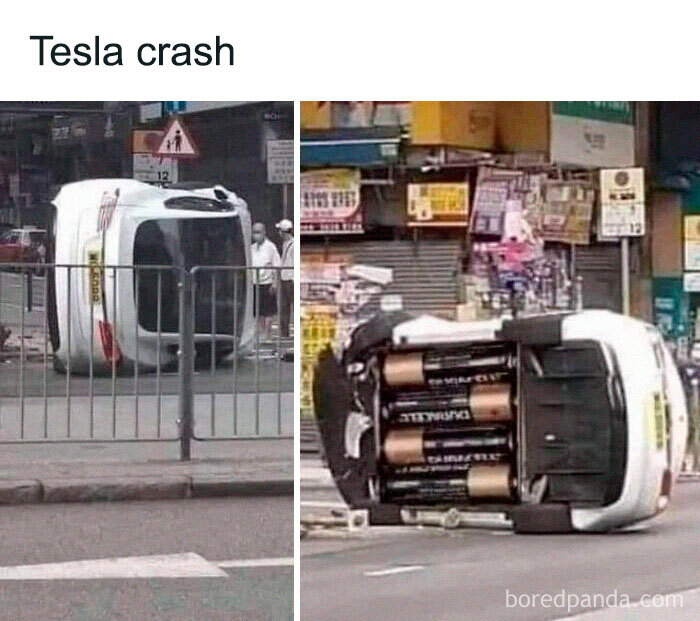 Car flipped over revealing giant batteries inside, creating a humorous car-related meme for drivers to enjoy.
