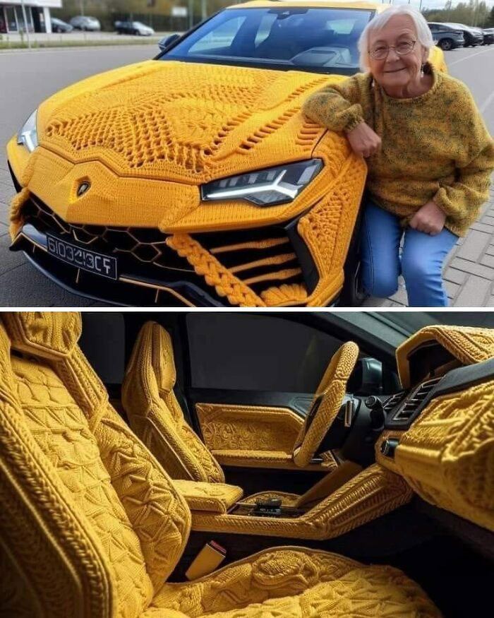 Car covered in yellow knit fabric with matching interior, creating a hilarious car-related meme.