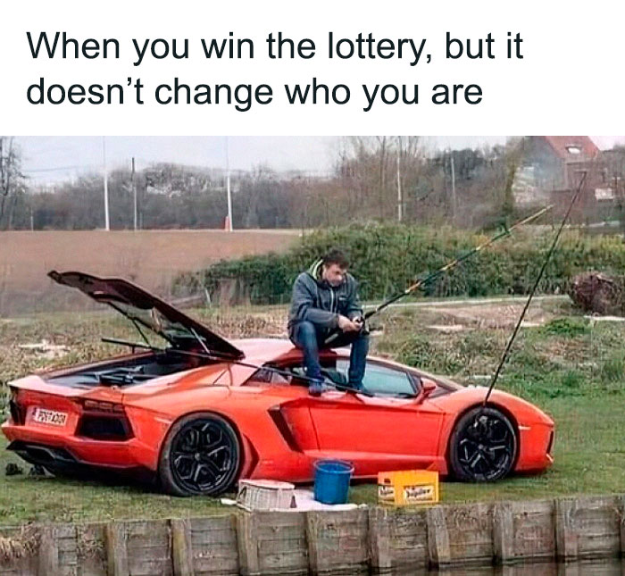 Man fishing from luxury sports car, illustrating a humorous car-related meme for drivers.