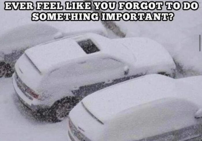 Three cars covered in snow, with one sunroof left open, illustrating a hilarious meme for drivers.