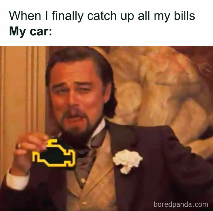 Hilarious car-related meme featuring a man holding a check engine icon, symbolizing unexpected vehicle issues.