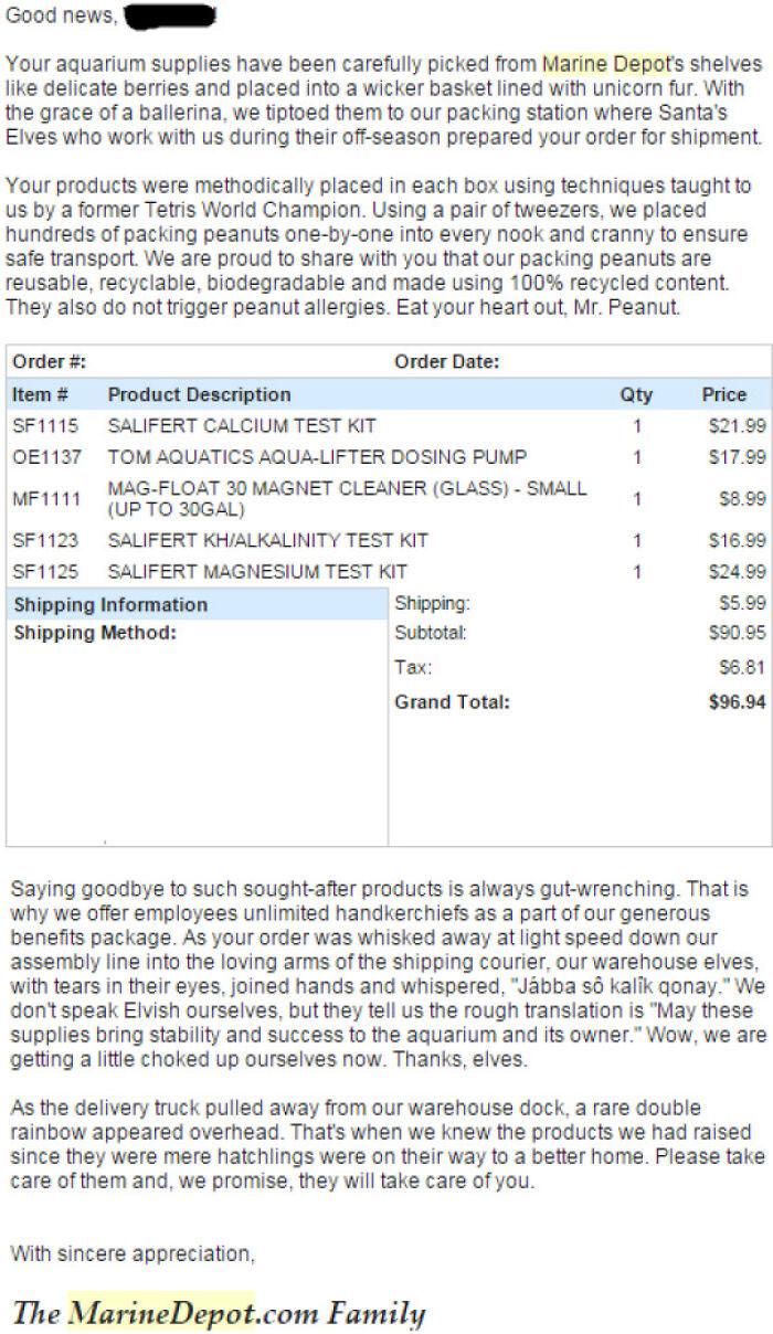 I've Ordered A Lot Of Merchandise From Online Vendors. Marine Depot's Confirmation Email Has Yet To Be Topped