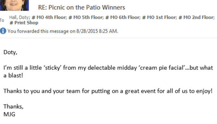 We Had A Large Corporate Event Yesterday Where Some Bosses Got Hit With Pies For Charity. One Of The Female Bosses Sent This Email To The Whole Main Office