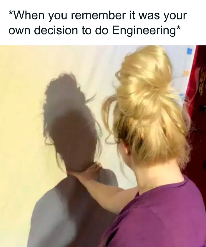 A person touches their shadow with humorous text referencing their decision to study engineering.