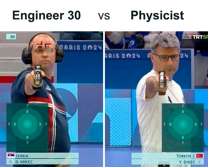Two men aiming pistols in a humorous engineer vs. physicist meme.
