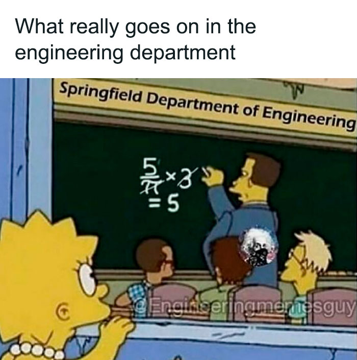 Cartoon shows funny scene in engineering department with math equation on chalkboard.