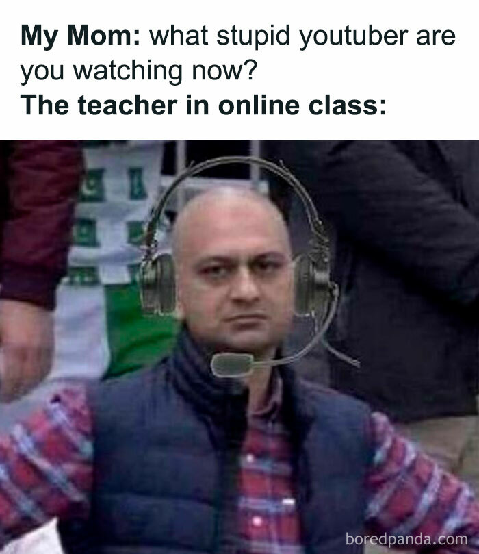Bald man with headphones in a plaid shirt and vest, part of a meme about teachers in online classes, amusing engineers.