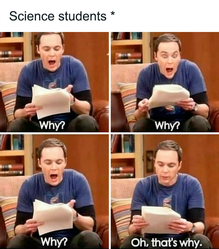 A humorous meme about science students questioning their notes, relevant to engineers.