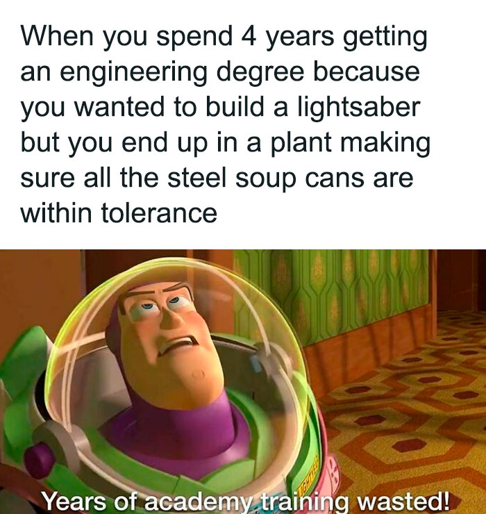 Buzz Lightyear meme about engineering degree realities with text "Years of academy training wasted!"