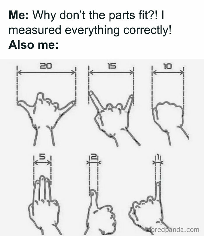 Engineer meme showing hand measurements with humorous results.
