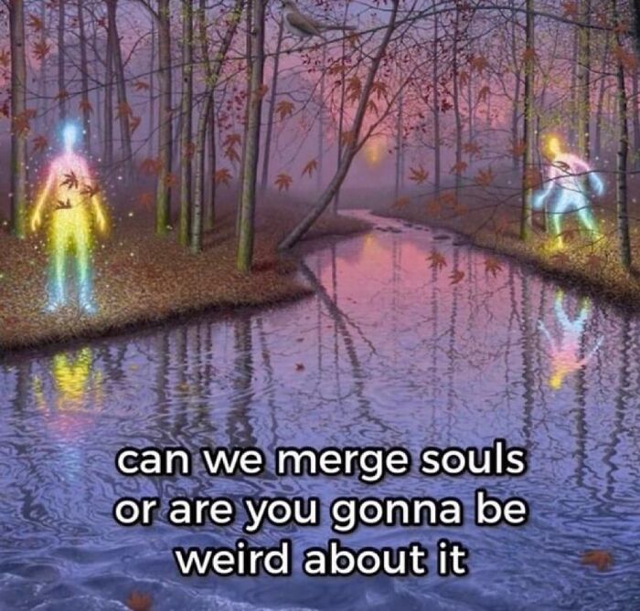 Colorful glowing figures in a forest with text: "can we merge souls or are you gonna be weird about it". Memes about life.
