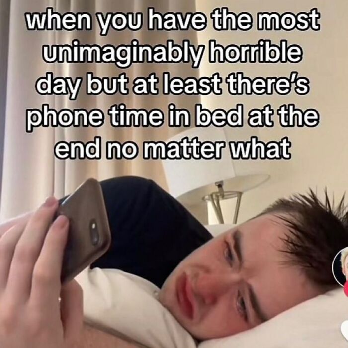 Person lying in bed, holding a phone, with text about finding comfort in phone time after life’s ups and downs.