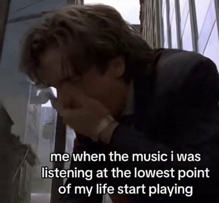 A person crouching, looking distressed, with text about life's ups and downs and music.