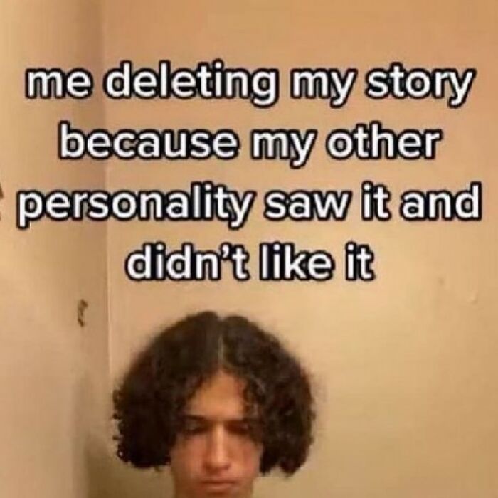 Person with curly hair looking down, text above about deleting a story; meme about life's ups and downs.