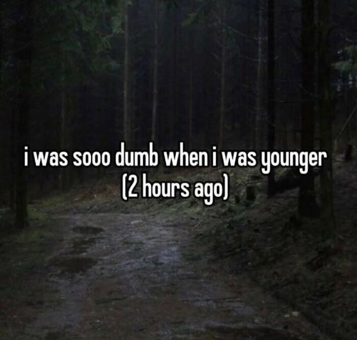 Text overlay on a dark forest path: "I was sooo dumb when I was younger (2 hours ago)." Life's ups and downs meme.
