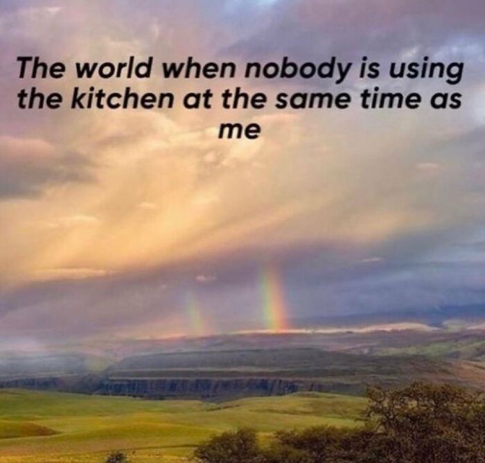 Colorful sky with rainbows, captioned humor about life's ups and downs in the kitchen.