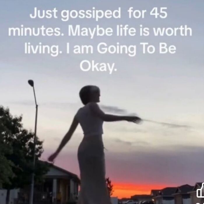A person stands at sunset with text about life's ups and downs, humorously reflecting on feeling okay after gossiping.