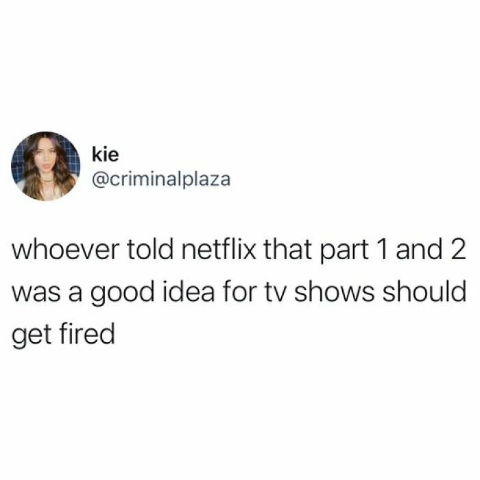 "Humorous Netflix meme criticizing TV shows released in parts, featuring tweet by user @criminalplaza."
