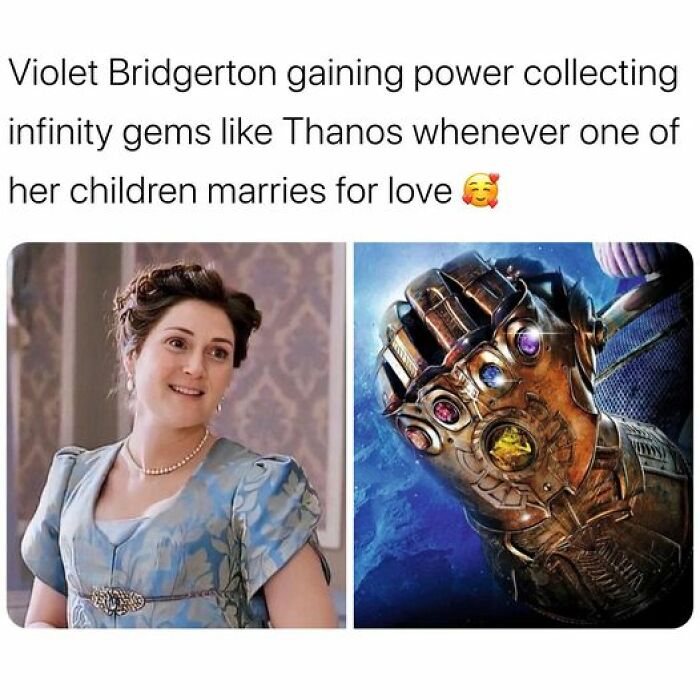 Netflix meme comparing Violet Bridgerton to Thanos collecting infinity stones in a humorous context.