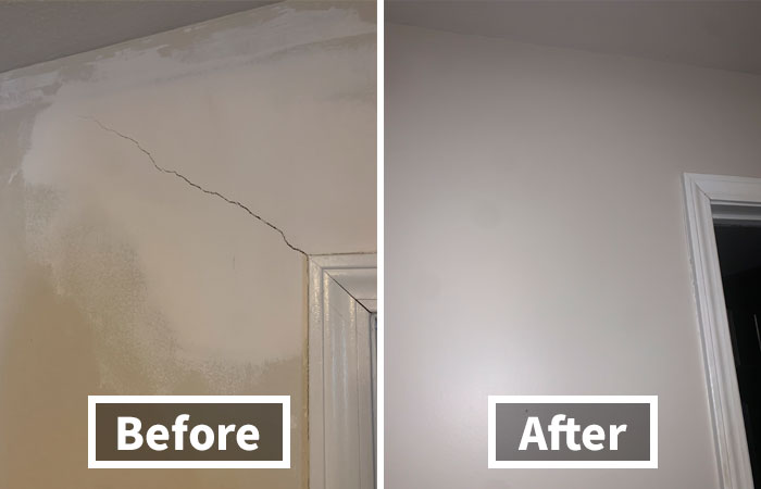 Before and after images showing fixable home imperfections with a wall crack repaired and repainted near a door frame.