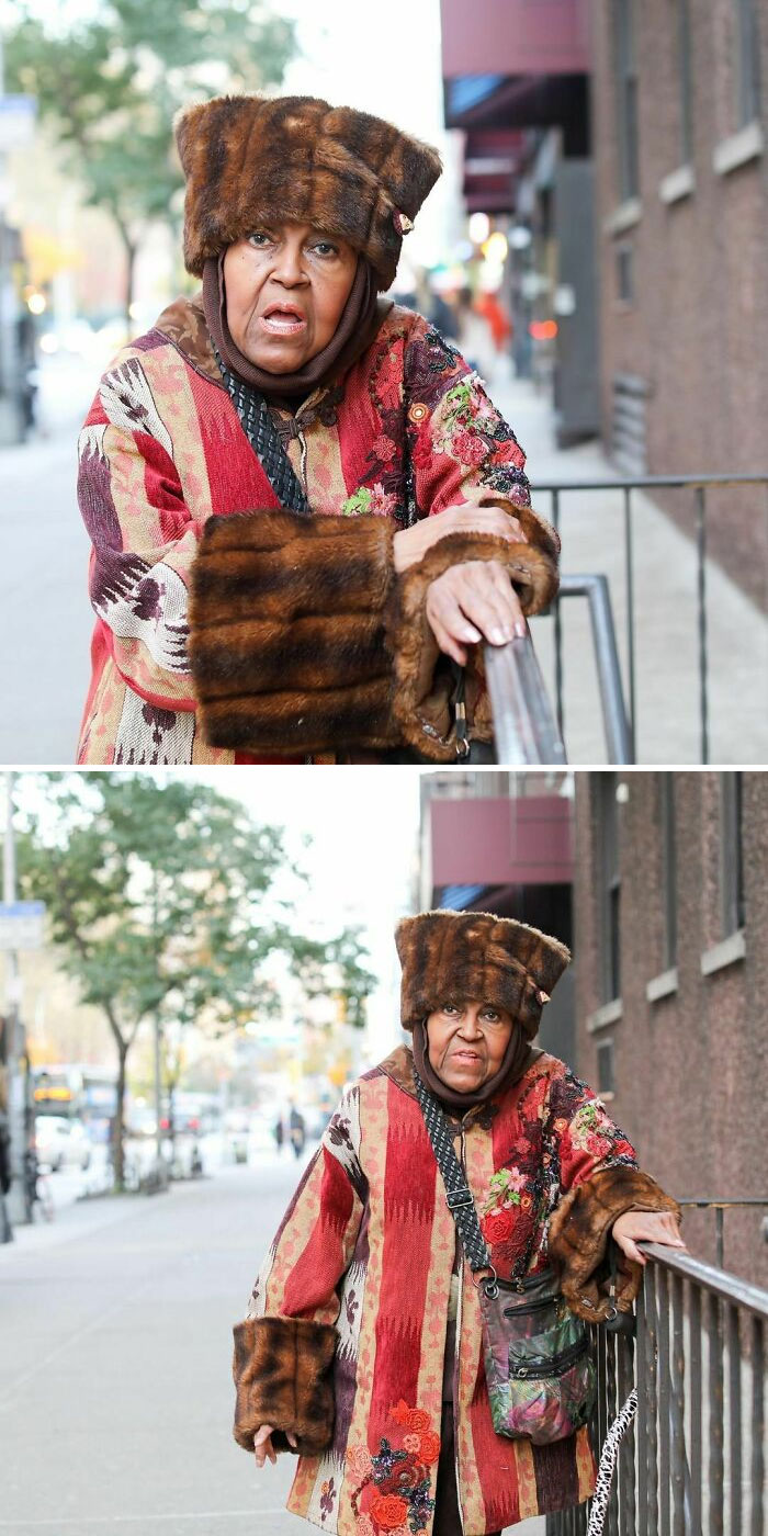 Elderly woman in a colorful coat and fur hat posing on a city sidewalk, captured in moving stories from Humans of New York.