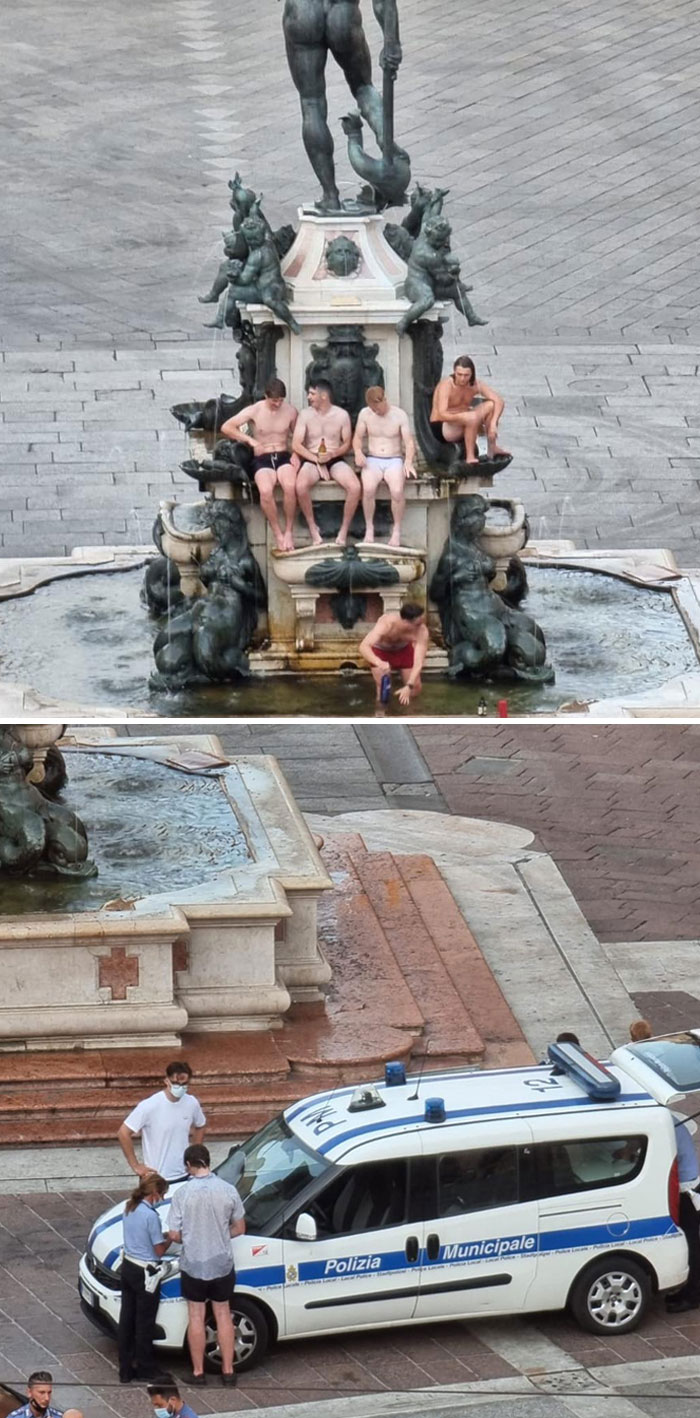Multan con 500 euros a unos turistas irlandeses que se desnudaron y se subieron a la fuente de Neptuno en Bolonia