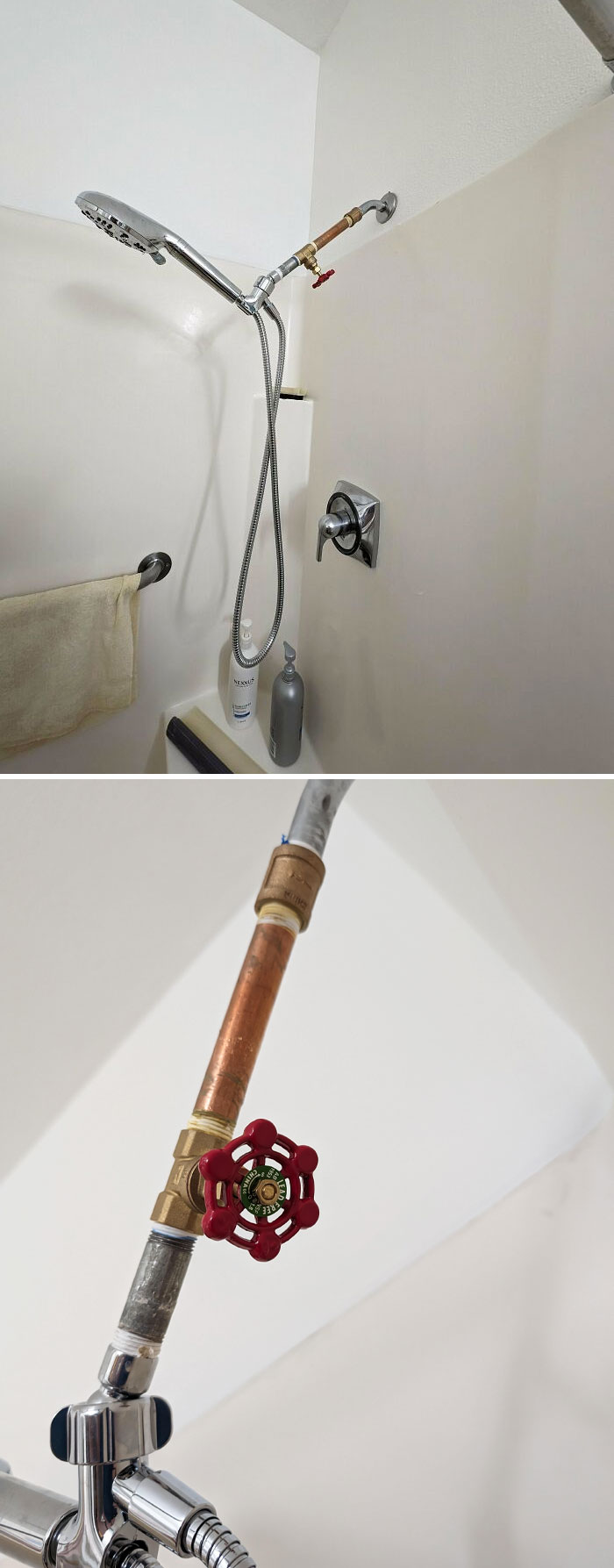 The Landlord Fixed The Leaky Shower For An 89-Year-Old Tenant. They Didn't Want To Open The Wall, So They Added Some Random Pipes And A Garden Hose Valve