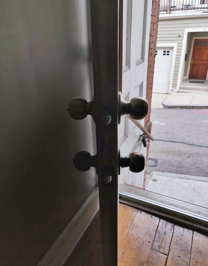 My Deadbolt Broke, And This Is What My Landlord's Goon Installed. You Have To Turn Both At Once To Open It Now