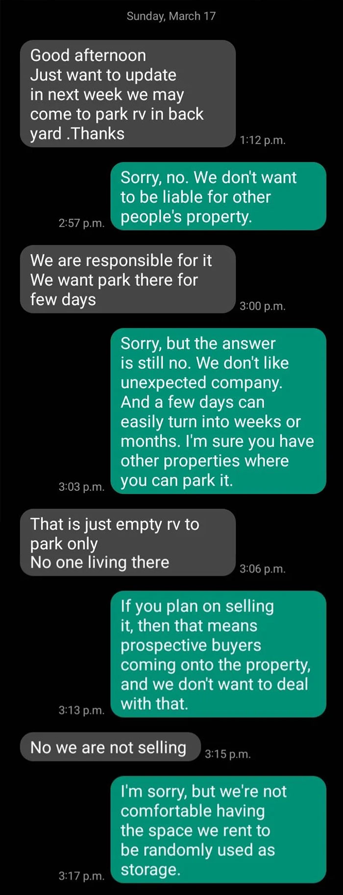 The Landlord Wants To Park An RV In Our Backyard, And Is Ignoring No As An Answer. In The First Text He Says "Update" Like We've Discussed This Before. We Have Not