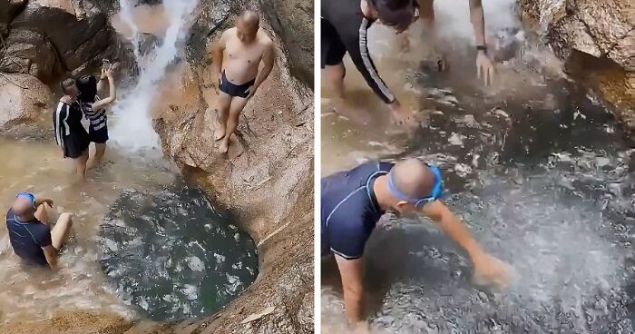 Man Jumps Off Cliff Into Water Hole And Completely Disappears, People Frantically Search For Him