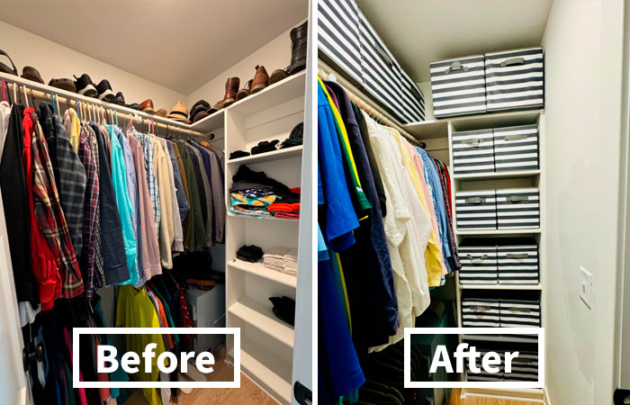 Closet organization hacks showing before and after with neatly hidden ugly clutter using storage bins and tidy clothes arrangement.