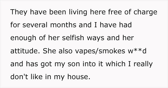Woman Hates Son’s GF Who Moved In With Them, Asks The Internet For Advice On How To Kick Her Out Woman Hates Son’s GF Who Moved In With Them, Asks The Internet For Advice On How To Kick Her Out