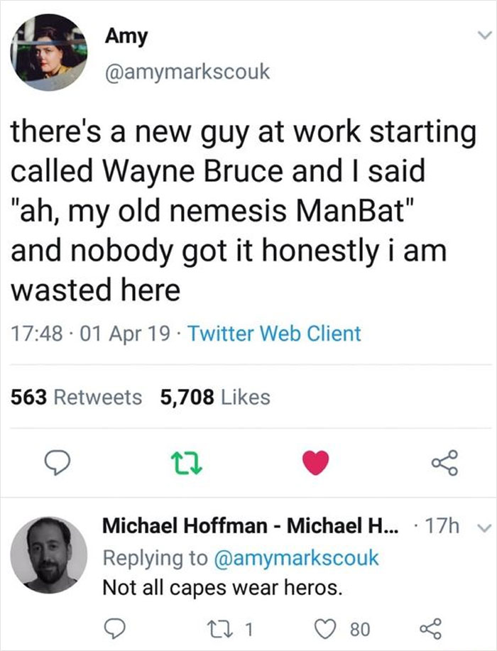 Twitter post about a new coworker named Wayne Bruce with a humorous ManBat reference in wholesome memes and posts.