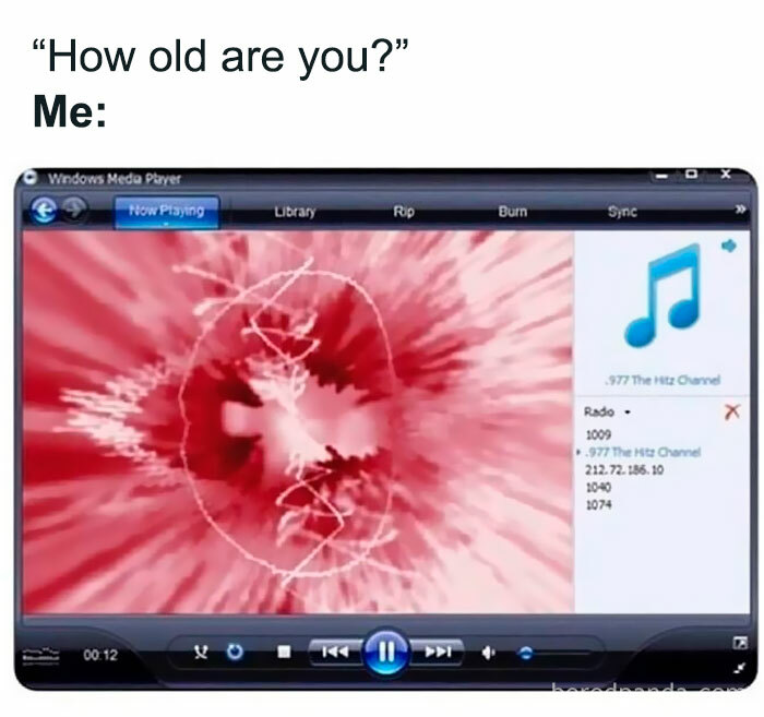A meme featuring an old Windows Media Player with music visualizer, capturing a nostalgic music moment.