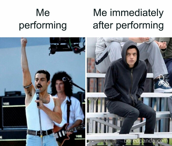 Two-part meme with a music performer on stage, then sitting alone in a hoodie.