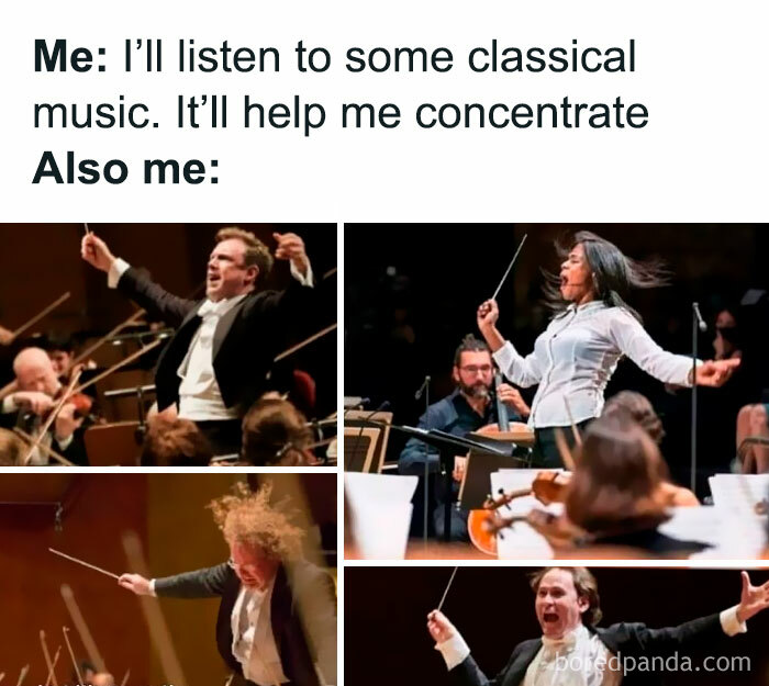 Conductors energetically leading orchestras in a humorous music meme format.