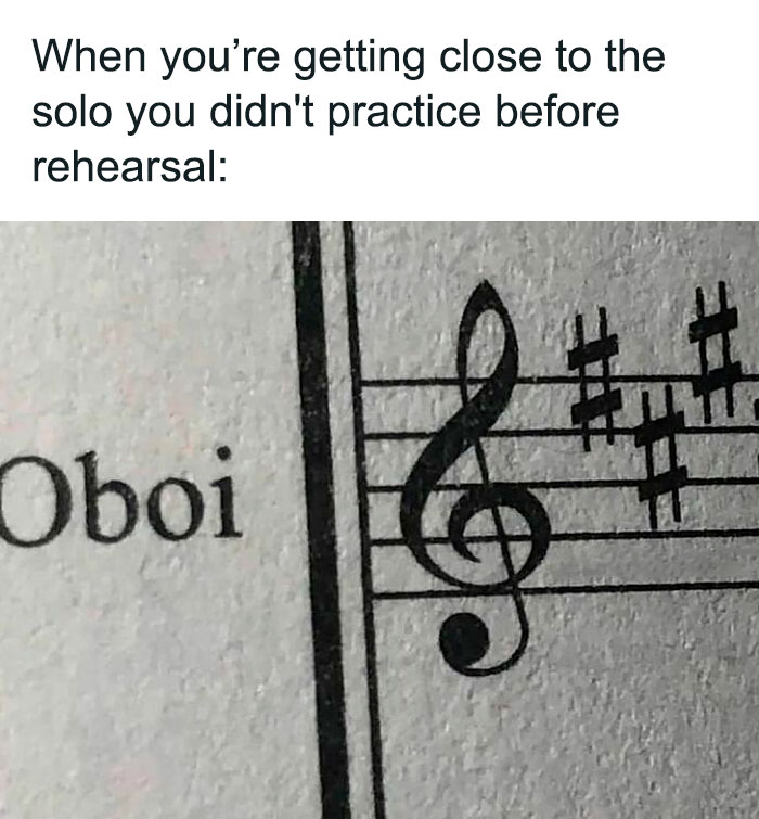 Funny music meme featuring a music sheet with many sharps, captioned about not practicing a solo before rehearsal.
