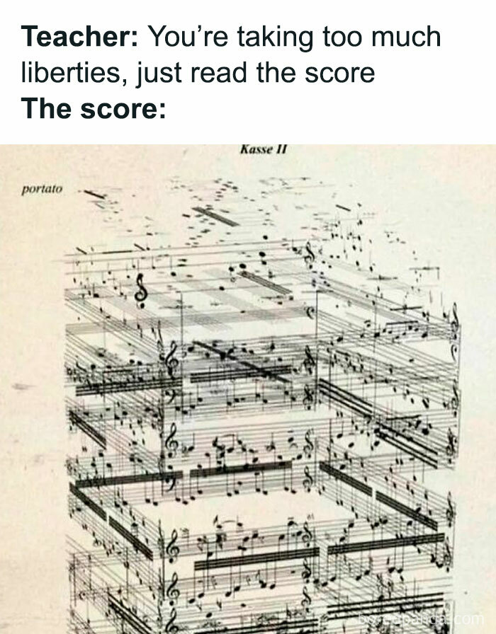 Complex sheet music humorously depicted, illustrating a hilarious music meme.