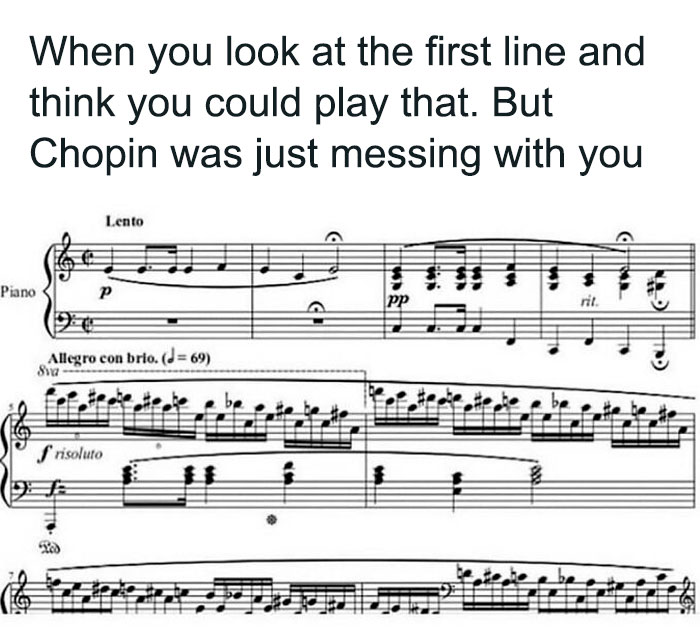 Sheet music meme humorously depicting a challenging Chopin piece.