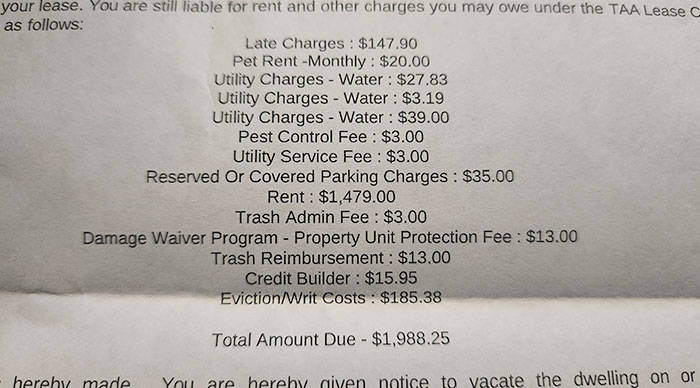 Got An Eviction Letter For Being 15 Minutes Late Paying My Rent. Look At These Fees