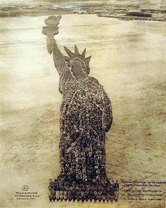 The Shape Of The Statue Of Liberty Is Formed By 18,000 Soldiers Standing In Formation. Camp Dodge, Des Moines, Iowa, USA. Ca. 1918
