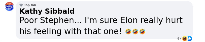 Comment discussing Elon Musk's impact on Stephen King with laughing emojis.