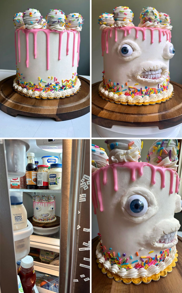 White cake with pink drip icing, colorful sprinkles, and decorated with eyes and frosting balls, showcasing baking at its finest.
