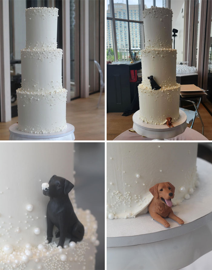 Elegant three-tiered white wedding cake decorated with pearl-like beads and realistic dog figurines, showcasing baking at its finest.