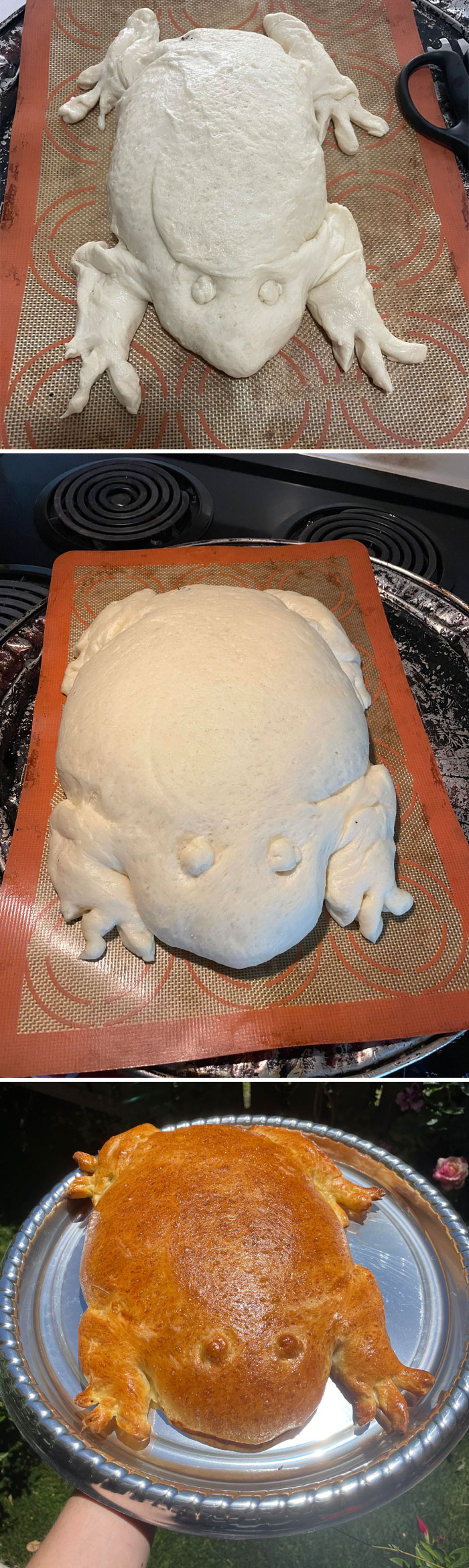 Frog-shaped bread dough before and after baking, showcasing creative baking at its finest with detailed dough artistry.