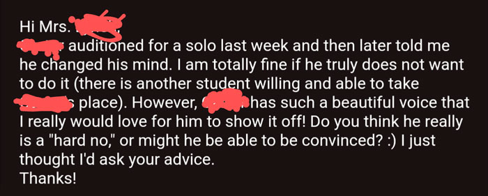 My Son Is In 5th Grade, And This Thursday Is Their Concert. I Thought It Was So Kind That His Teacher Reached Out To Me Regarding His Solo. It Really Warmed My Heart