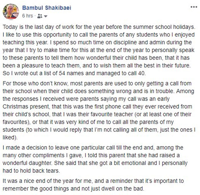 Teacher Calls Parents Of Students He Liked Teaching This Year. Parents End Up Calling Them "Early Christmas Presents"